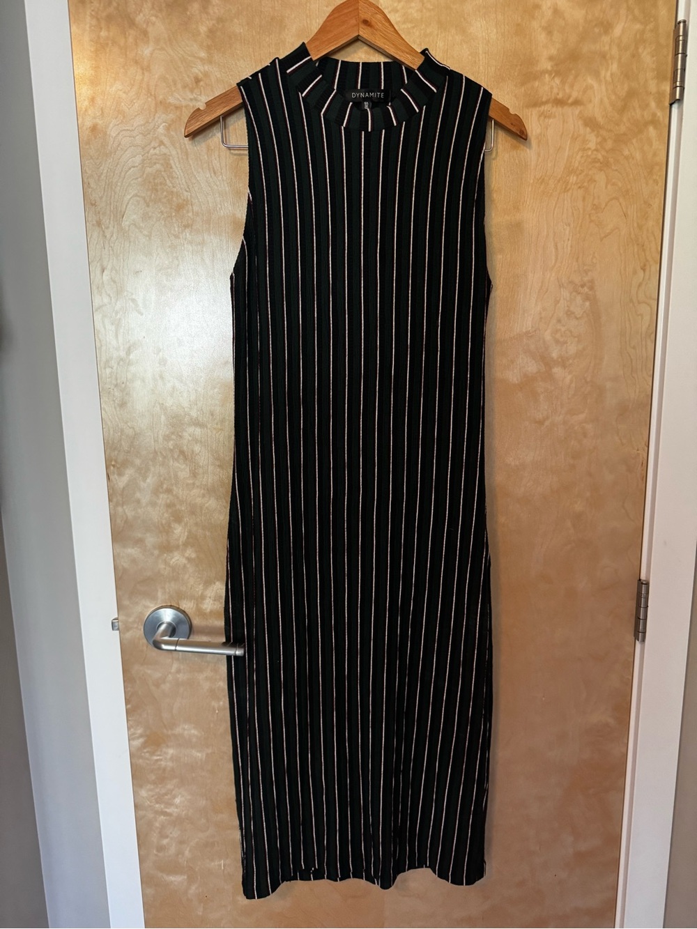 Dynamite Dark Green Midi Dress with black, white and red stripes